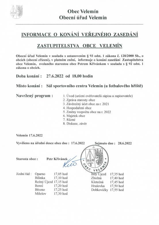 Informace o konání veřejného zasedání ZO Velemín